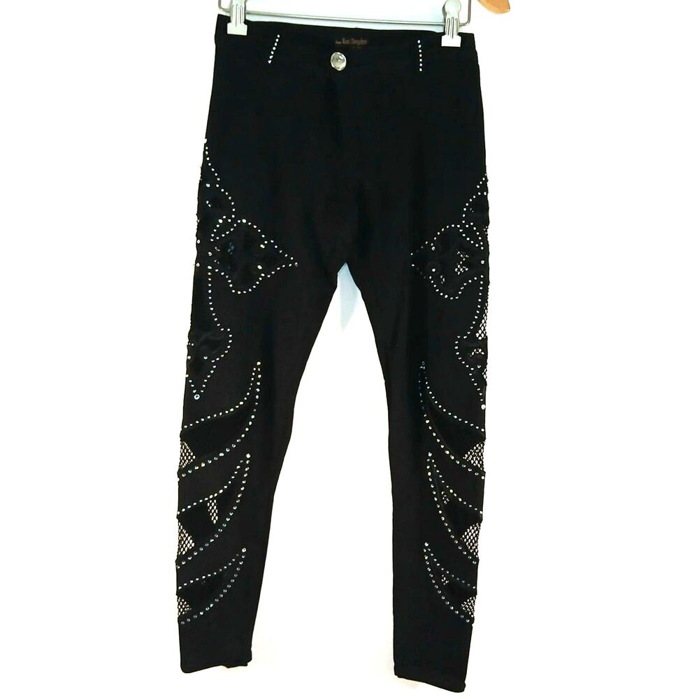 Platinum Plush Bus Stop Black Rhinestone Mesh Pants S Y2K Biker Grunge Rock Rare